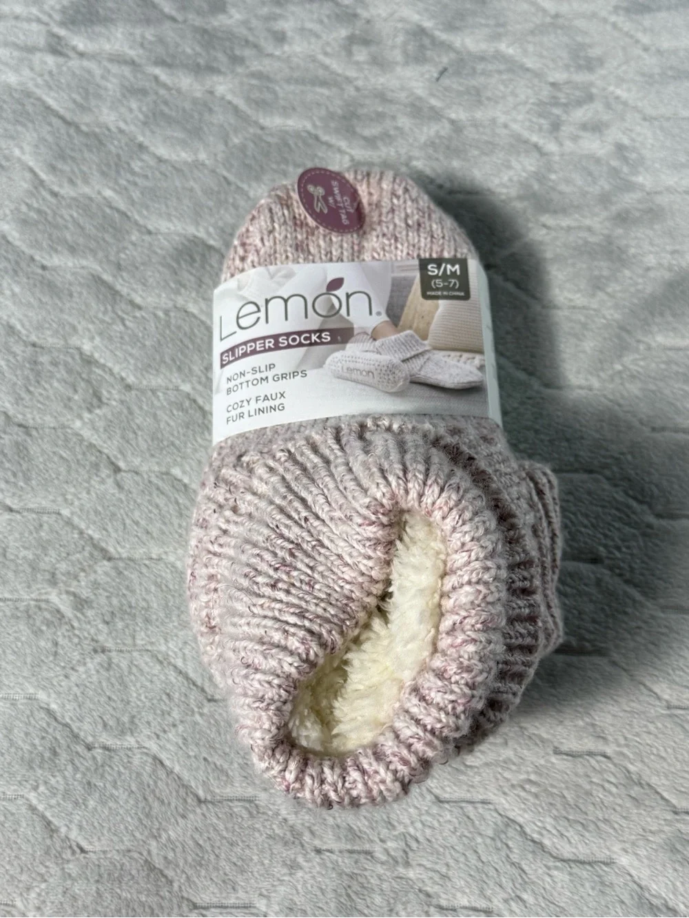 Lemon Slipper Socks NWT Pink Heather Faux Fur Lined Non Slip S/M 5-7
